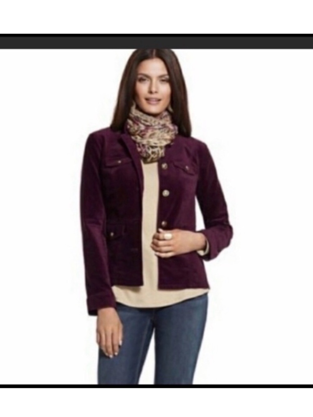 Chico’s plum velvet military style jacket gold buttons XL